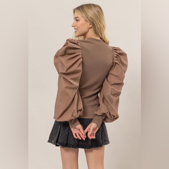 249B. Mock Neck Puff Sleeve Blouse - Mocha - Picture 2 of 5